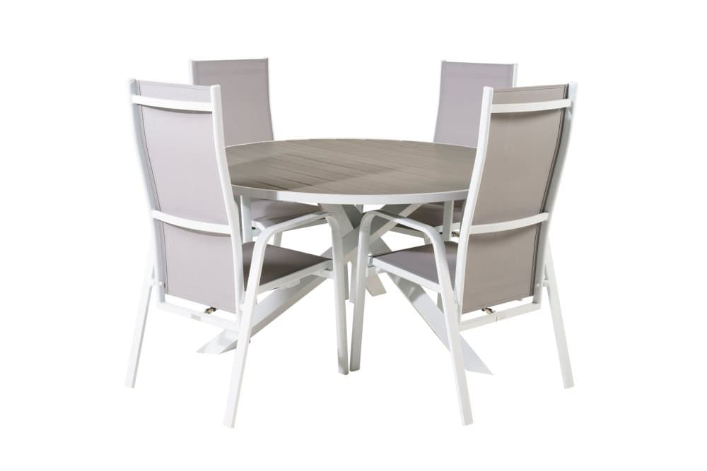 Parma Trädgårdset bord Ø140cm och 4 stole Copacabana vit, grå.