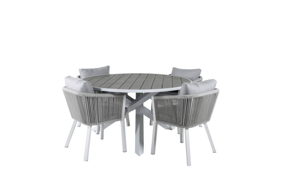 Parma Trädgårdset bord Ø140cm och 4 stole Virya vit, grå.
