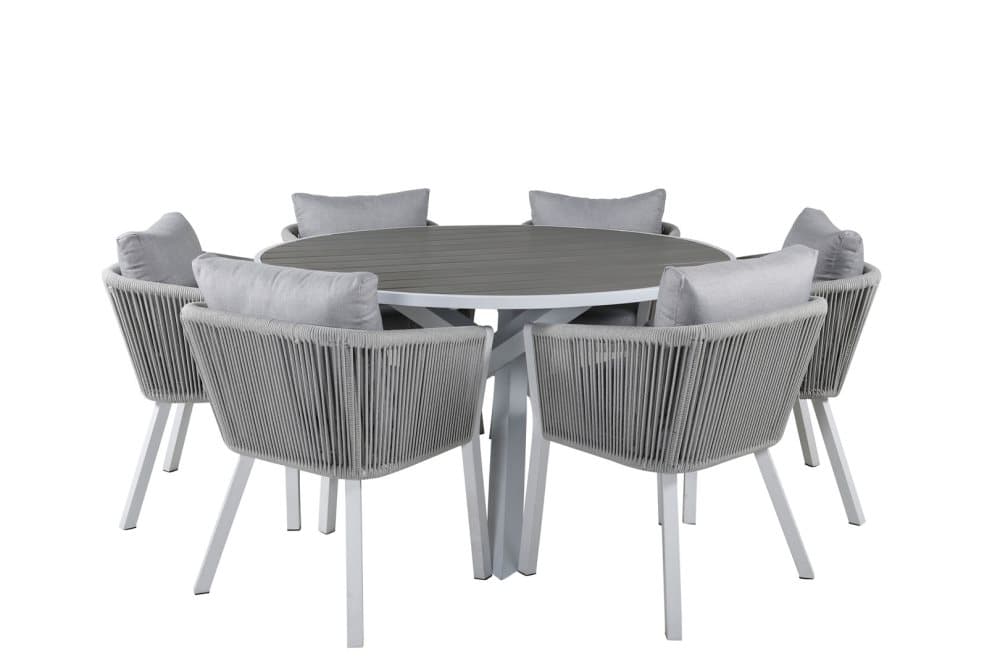 Parma Trädgårdset bord Ø140cm och 6 stole Virya vit, grå.
