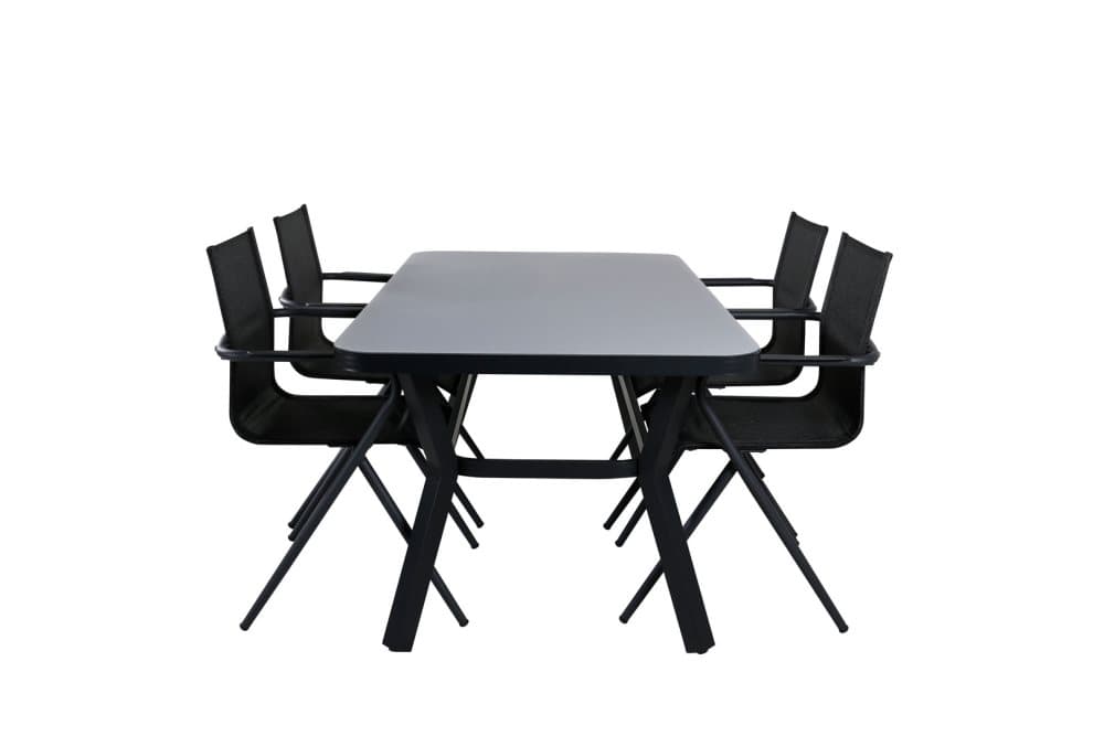 Virya Trädgårdset bord 90x160cm och 4 stole Alina svart, grå.