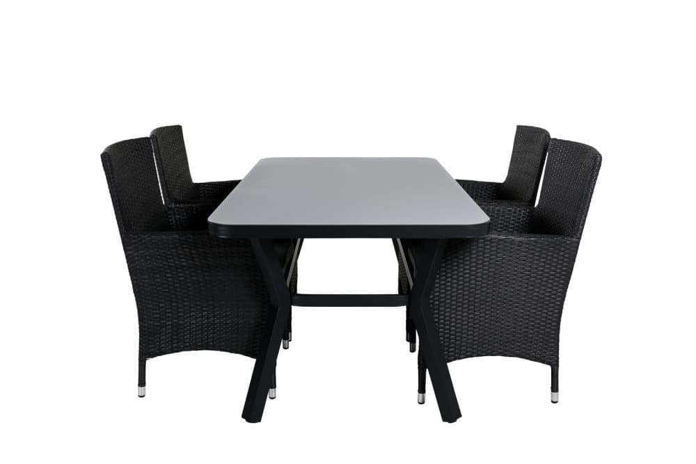Virya Trädgårdset bord 90x160cm och 4 stole Malin svart, grå.