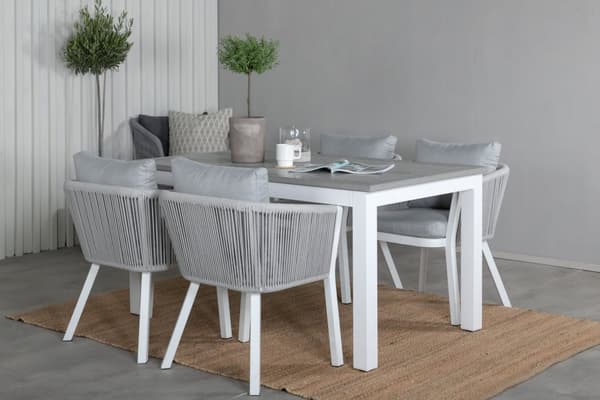 Albany hagesett bord 90x152/210cm og 4 stoler Virya hvit, grå, gråhvit.