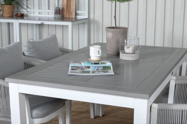 Albany hagesett bord 90x152/210cm og 4 stoler Virya hvit, grå, gråhvit.