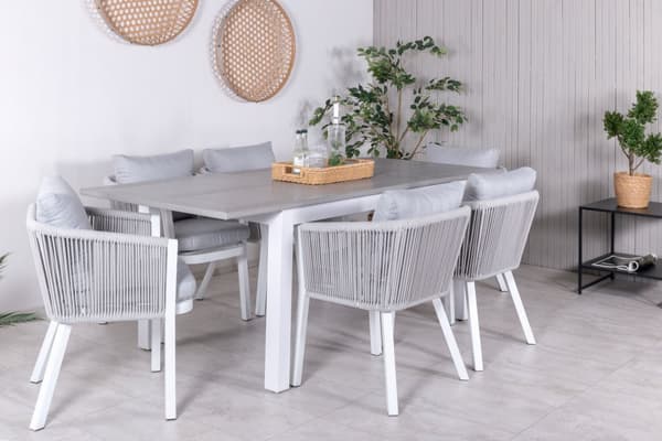 Albany hagesett bord 90x152/210cm og 6 stoler Virya hvit, grå, gråhvit.