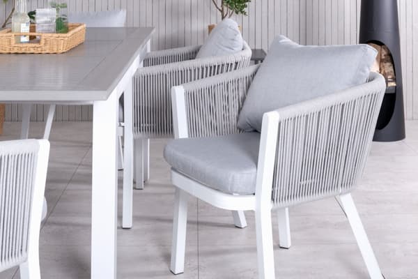 Albany hagesett bord 90x152/210cm og 6 stoler Virya hvit, grå, gråhvit.