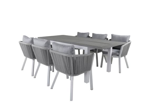 Albany hagesett bord 90x152/210cm og 6 stoler Virya hvit, grå, gråhvit.