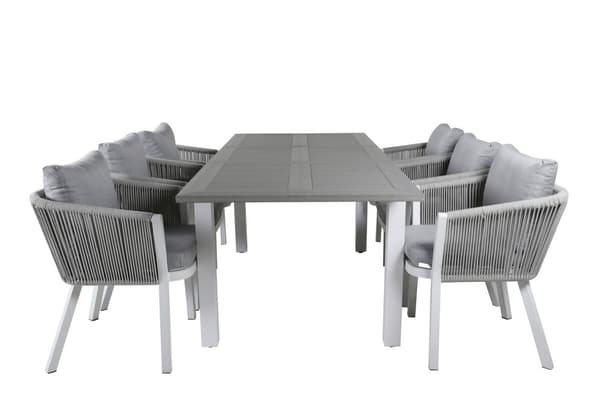 Albany hagesett bord 90x152/210cm og 6 stoler Virya hvit, grå, gråhvit.