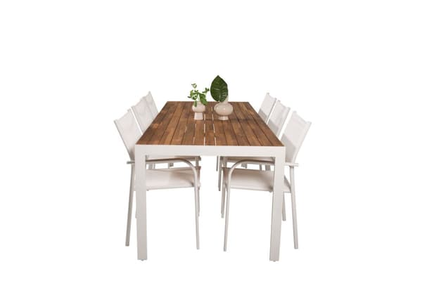 Bois hagesett bord 90x205cm og 6 stoler Santorini hvit, natur.