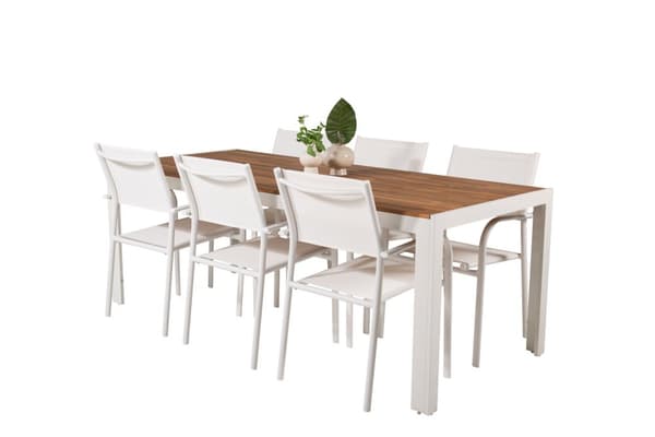 Bois hagesett bord 90x205cm og 6 stoler Santorini hvit, natur.