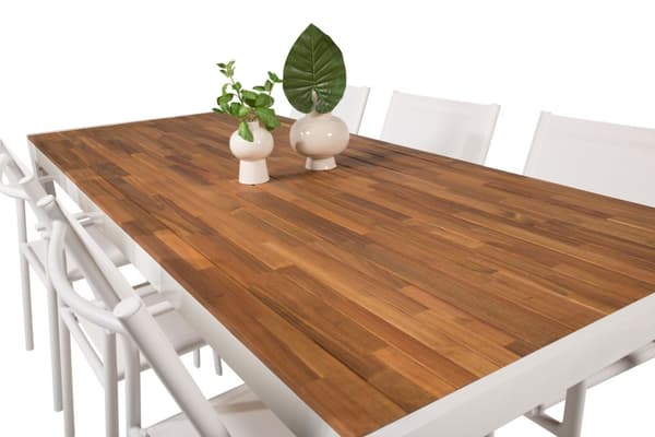 Bois hagesett bord 90x205cm og 6 stoler Santorini hvit, natur.