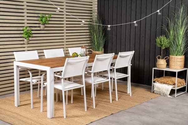 Bois hagesett bord 90x205cm og 6 stoler Santorini hvit, natur.