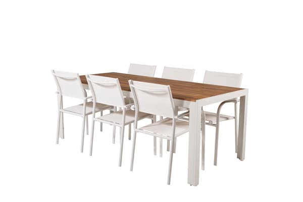 Bois hagesett bord 90x205cm og 6 stoler Santorini hvit, natur.
