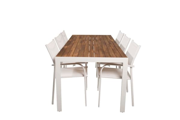 Bois hagesett bord 90x205cm og 6 stoler Santorini hvit, natur.