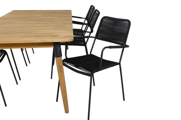 Julian hagesett bord 100x210cm og 6 stoler armlene Lindos svart, natur.
