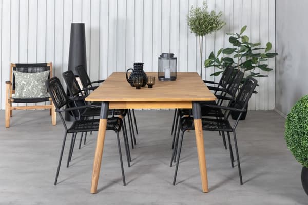 Julian hagesett bord 100x210cm og 6 stoler armlene Lindos svart, natur.