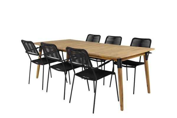 Julian hagesett bord 100x210cm og 6 stoler armlene Lindos svart, natur.