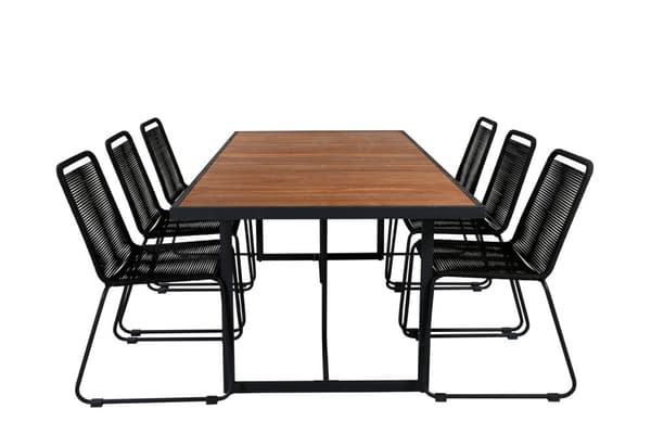 Khung hagesett bord 100x200cm og 6 stoler stable Lindos svart, natur.