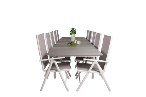 Levels hagesett bord 100x229/310cm og 10 stoler Break hvit, grå.