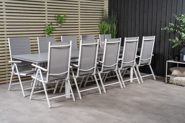 Levels hagesett bord 100x229/310cm og 10 stoler Break hvit, grå.