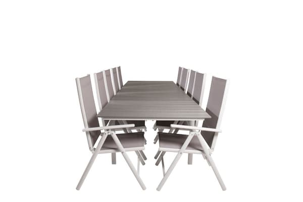 Levels hagesett bord 100x229/310cm og 10 stoler Break hvit, grå.