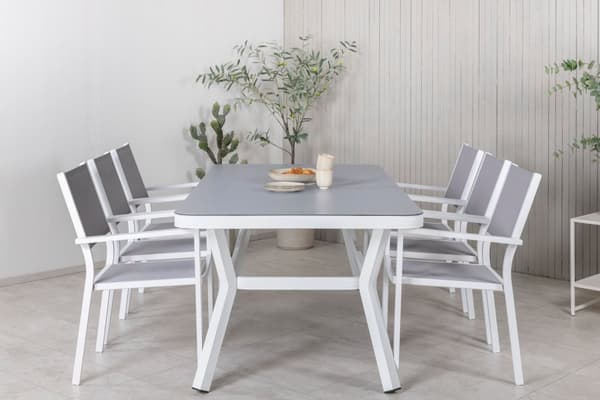 Virya hagesett bord 100x200cm og 6 stoler Copacabana svart, grå, hvit.