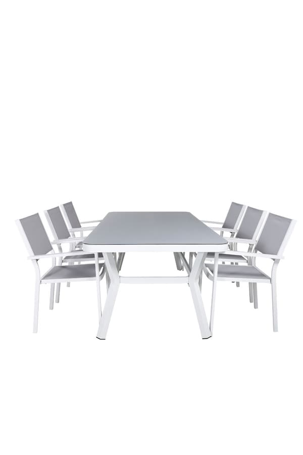 Virya hagesett bord 100x200cm og 6 stoler Copacabana svart, grå, hvit.