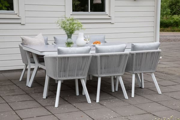Virya hagesett bord 100x200cm og 6 stoler Virya hvit, grå.