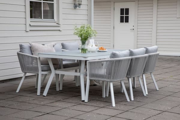 Virya hagesett bord 100x200cm og 6 stoler Virya hvit, grå.