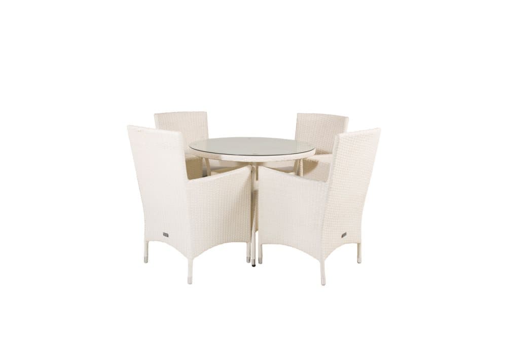 Volta Trädgårdset bord Ø90cm och 4 stole Malin vit.