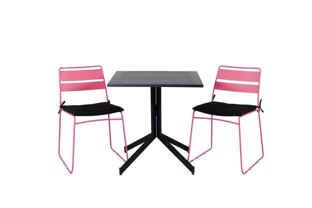 Way Trädgårdset bord 70x70cm och 2 stole Lina rosa, svart.