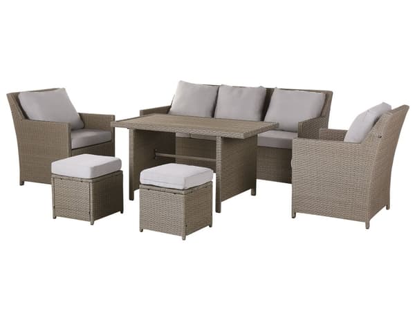 Trädgårdsmöbelset Grå 5-sits Soffa Konstrotting Taupe Kuddar Rektangulärt Bord 2 Ottoman 2 Armstöd