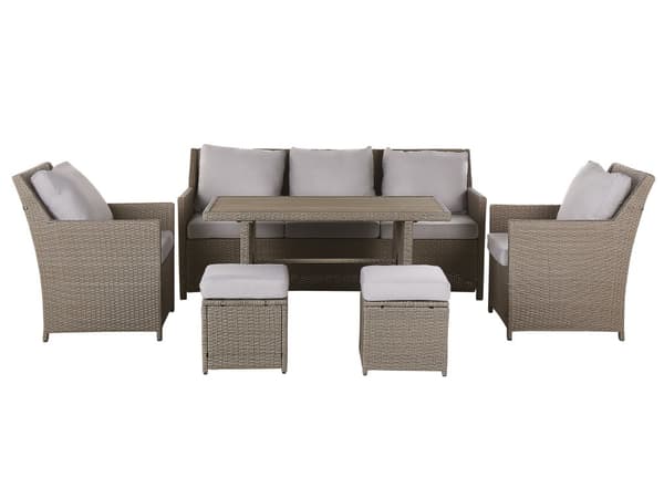 Trädgårdsmöbelset Grå 5-sits Soffa Konstrotting Taupe Kuddar Rektangulärt Bord 2 Ottoman 2 Armstöd