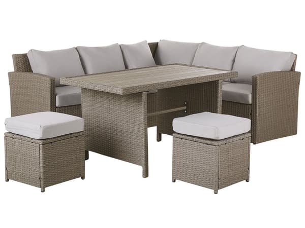 Trädgårdsmöbelset 5-sits Hörnsoffa Grå PE Rotting Taupe Kuddar Rektangulärt Bord 2 Ottoman