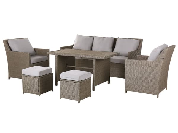 Loungesæt Beige Rattan 5 Personers Havesofa med Havestole Skammel Tilbehør Hynder Terrasse Indretning Udendørs Møbler Vejr Bestandig Regn