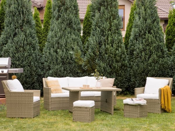 Loungesæt Brun Rattan 5 Personers Havesofa med Havestole Skammel Tilbehør Hynder Terrasse Indretning Udendørs Møbler Vejr Bestandig Regn og UV