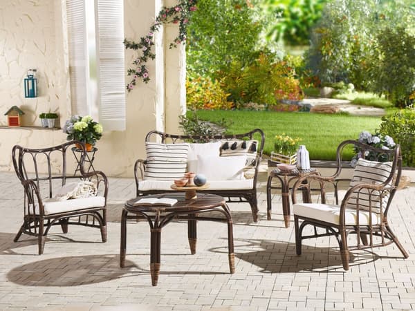 Loungesæt Brun Natur Rattan og Hvid Bomuld Polyester 67 / 43 cm 2 Personers Lænestole Indendørs Udendørs Hynder Havesæt Sideborde Boho Dekor