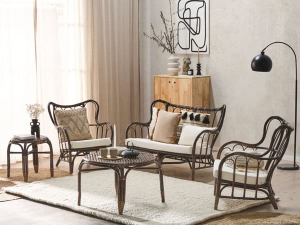 Loungesæt Brun Natur Rattan og Hvid Bomuld Polyester 67 / 43 cm 2 Personers Lænestole Indendørs Udendørs Hynder Havesæt Sideborde Boho Dekor
