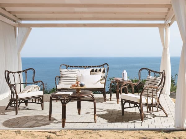 Loungesæt Brun Natur Rattan og Hvid Bomuld Polyester 67 / 43 cm 2 Personers Lænestole Indendørs Udendørs Hynder Havesæt Sideborde Boho Dekor
