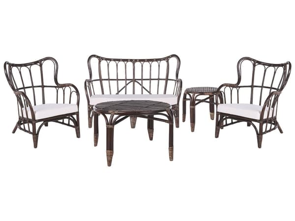 Loungesæt Brun Natur Rattan og Hvid Bomuld Polyester 67 / 43 cm 2 Personers Lænestole Indendørs Udendørs Hynder Havesæt Sideborde Boho Dekor