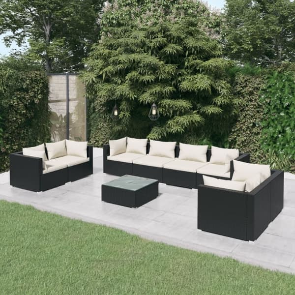 vidaXL loungesæt til haven 9 dele med hynder polyrattan sort
