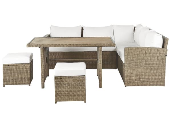 Loungesæt Brun Hvid Rattan Polyester 130 x 70 Hjørnesofa Havebord 4 Stole Skammel Udendørs Indendørs Hynder til Have Indretning Boho Moderne
