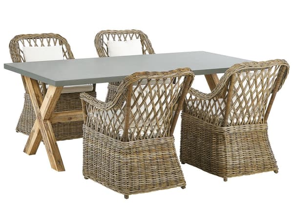 Naturhavesæt 4 Rattan stole Betonbord Bomuldsplade Hynder Moderne Design