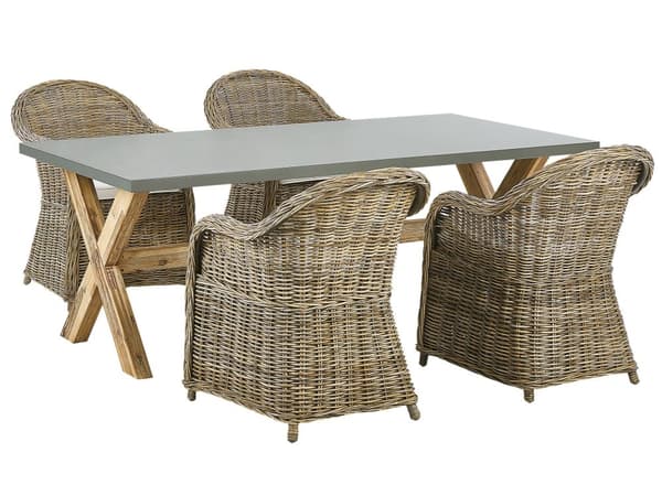 Naturhavesæt 4 rattan stole betonbord bomuldsplade hynder moderne design