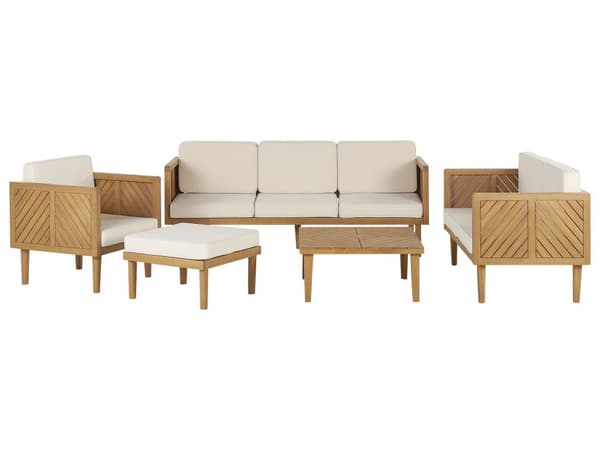 Ulkosohvaryhmä kuudelle vaalea akaasia vaalea beige pehmuste 2 x sohva puutarhatuoli rahi sohvapöytä
