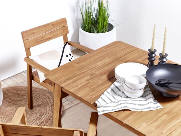 Havemøbelsæt Lyst Akacietræ 180 x 90 cm 6 Personers Havebord med Stole med Armlæn til Udendørs Rustik stil Terrasse Altan Indretning