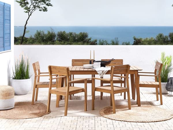 Havemøbelsæt Lyst Akacietræ 180 x 90 cm 6 Personers Havebord med Stole med Armlæn til Udendørs Rustik stil Terrasse Altan Indretning