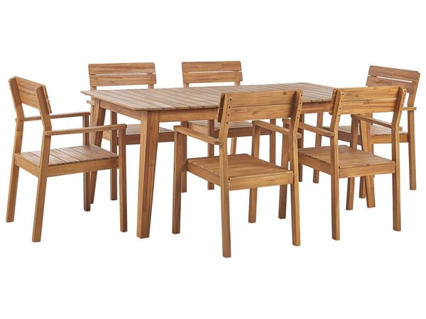 Havemøbelsæt Lyst Akacietræ 180 x 90 cm 6 Personers Havebord med Stole med Armlæn til Udendørs Rustik stil Terrasse Altan Indretning