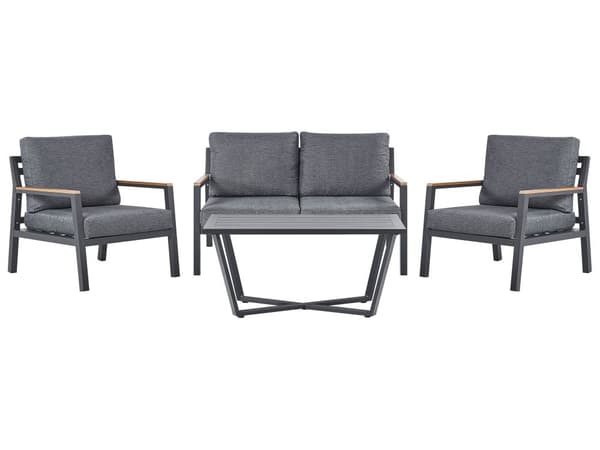 Utendørs Sofasett Mørkegrå Grå Aluminiumsramme Sofa Lenestoler med Polyester Puter Salongbord Moderne
