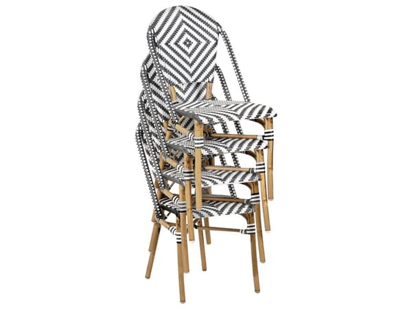 Hagespisesett med 4 sitteplasser Svart og Hvit PE-rottingplate ø 70 Bord og 4 Stabelbare Aluminiumsunderstell
