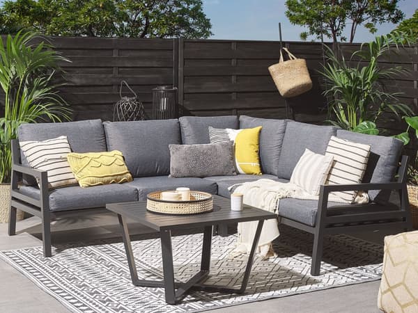 Utendørs Hjørnesofasett Mørkegrå Aluminium Svart med Sofabord Polyester Puter 5 Seter Modular